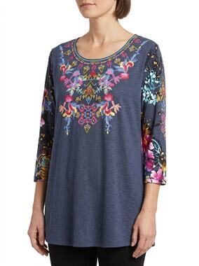 Caleoos Blue Embroidered Knit Stretch Graphic Print Blouse Women Size L